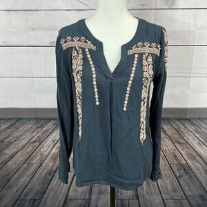 Andree Top Shirt Blouse Womens Medium Blue Gray Embroidered Western Boho Cottage